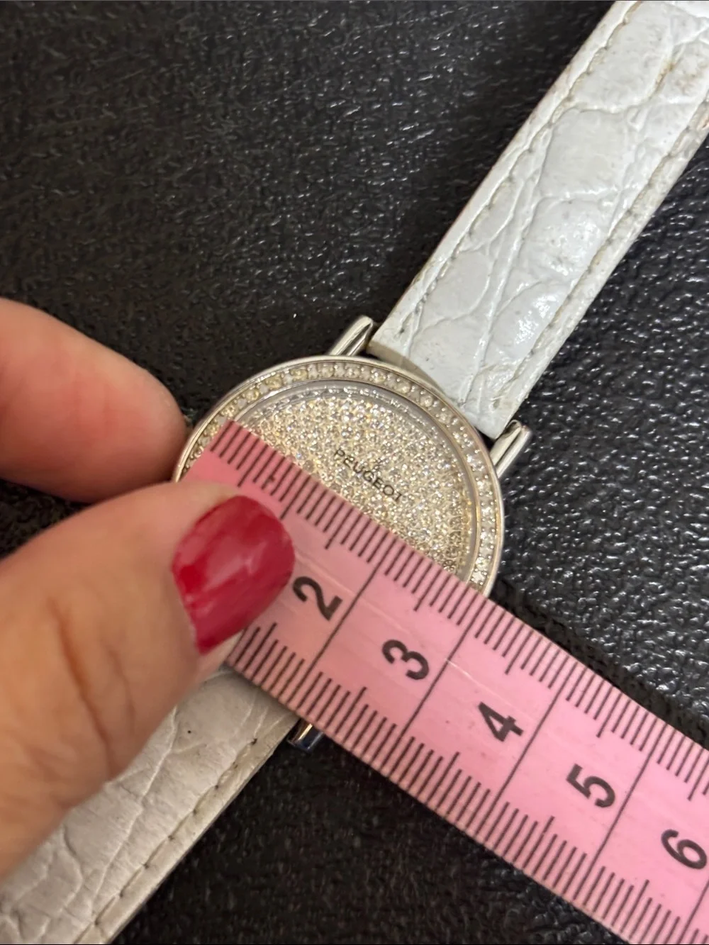 Peugeot WORKING Silver-Tone Crystal Dial Watch Leather White Croc Strap